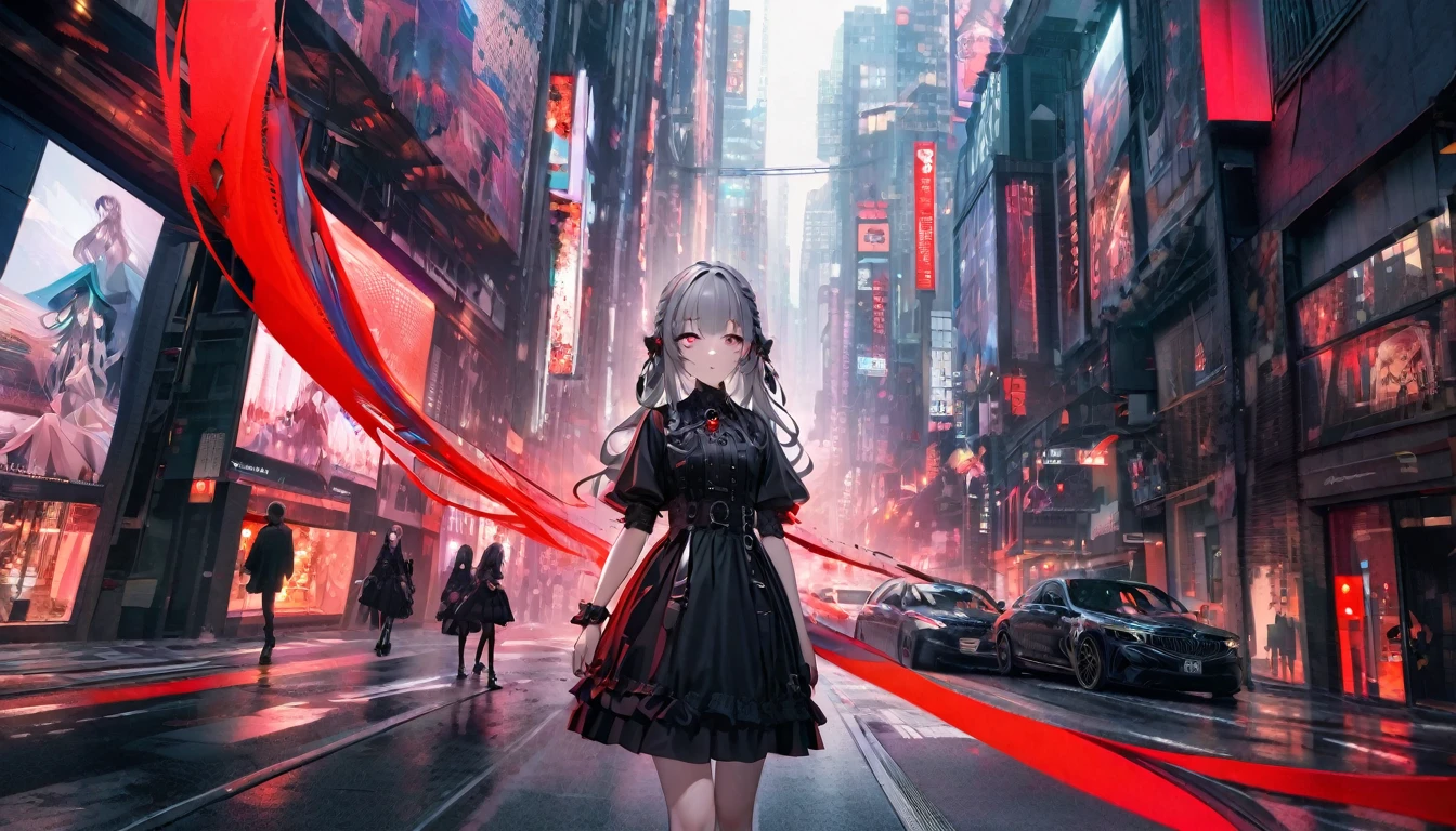 Modern city, girl and her shadow, shadow is the demon in the girl's mind, two people, tense lens, the main body of the photo is the background of the big city, bright and fresh photo, beautiful abstract big city and teenage girl character in it. Gray hair color, red glowing eyes, long hairstyle, mole under the left eye, black rose brooch, surreal background, enchanting style, gothic lolita fashion