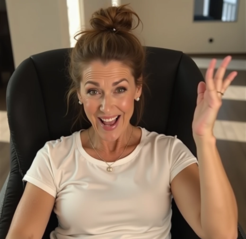 sexy 70 year old woman, hair done up, white t shirt, mouth slightly open, holding up her hands, sexy nervous expression, big teeth, perfect teeth