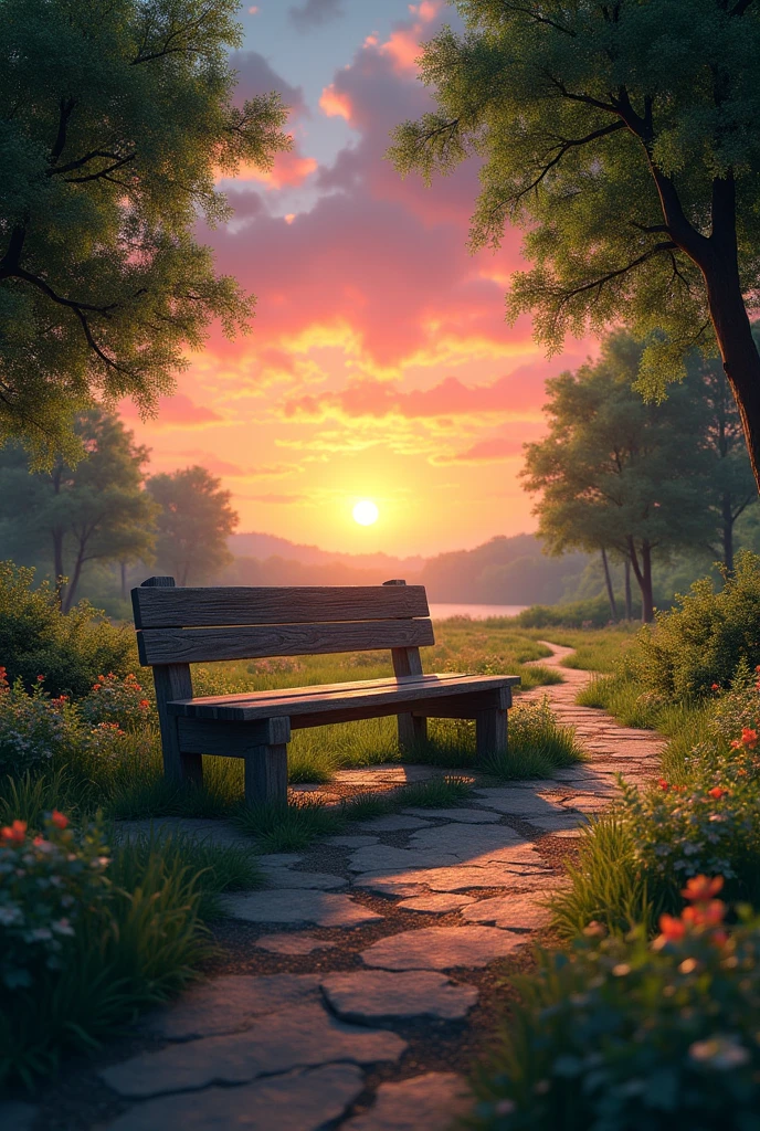 wooden bench in the center, a path from right to left, trees and sunset