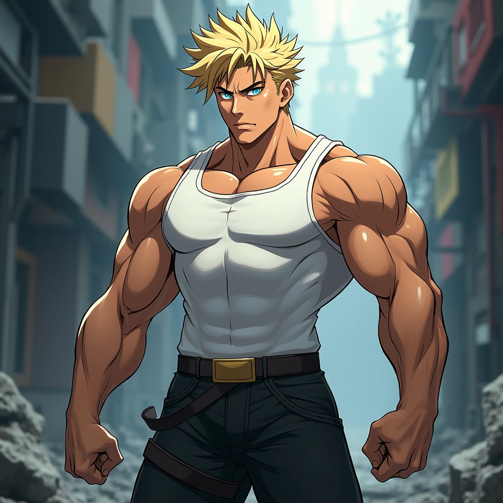 Create for me a male character with the features of the anime Damon Slayer: A tall, muscular boy with spiky blond hair and blue eyes. He wears a white tank top and black pants.