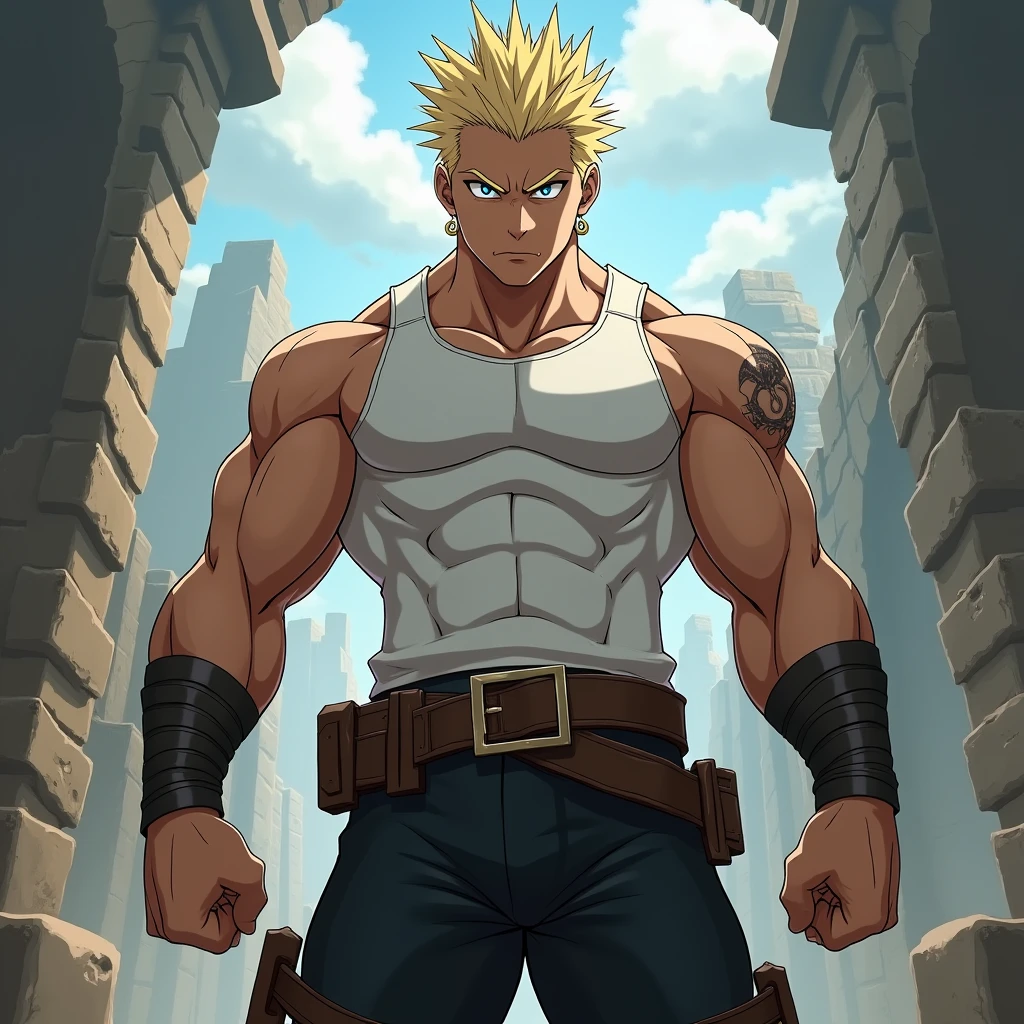 Create for me a male character with the features of the anime Damon Slayer: A tall, muscular boy with spiky blond hair and blue eyes. He wears a white tank top and black pants.