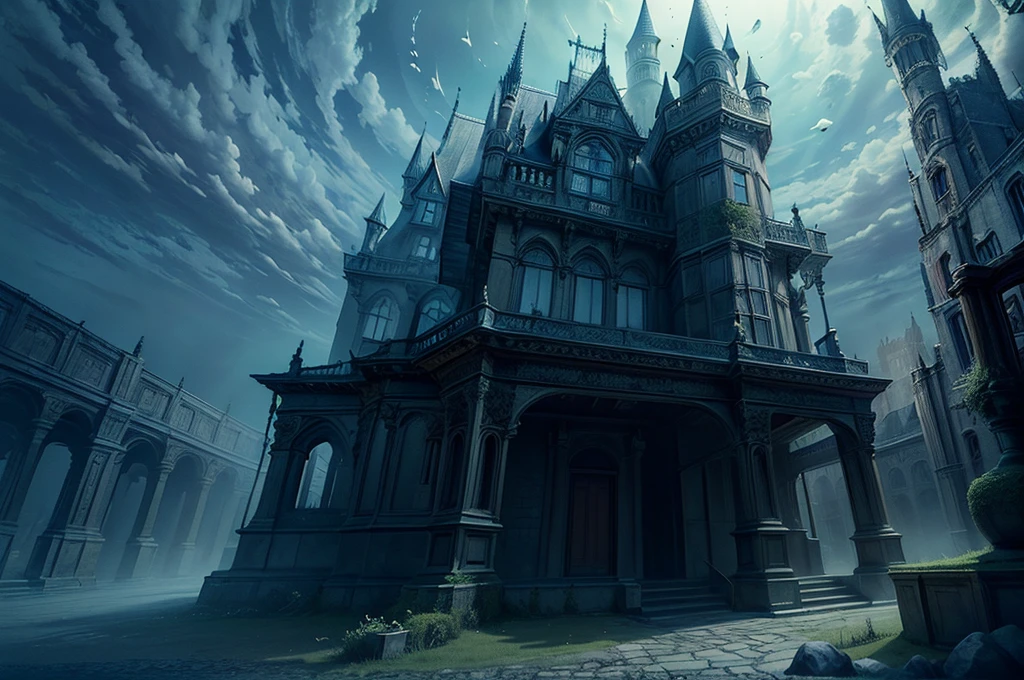 Wide-angle view of a highly detailed, 3D-rendered haunted castle in the style of Edward Gorey. The scene features gothic, eerie architecture with intricate and whimsical details, rendered in 64K resolution with HDR and ultra-high detail. The atmosphere is dark, mysterious, and slightly surreal, capturing the haunting and peculiar essence of a spooky castle.