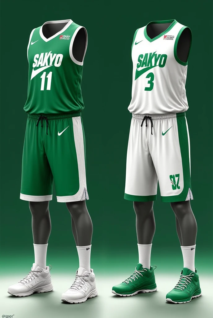 Make two uniforms for a Japanese basketball team named Sakyo Yūrei, one with green and white color and another white and green with Nike sponsorship
