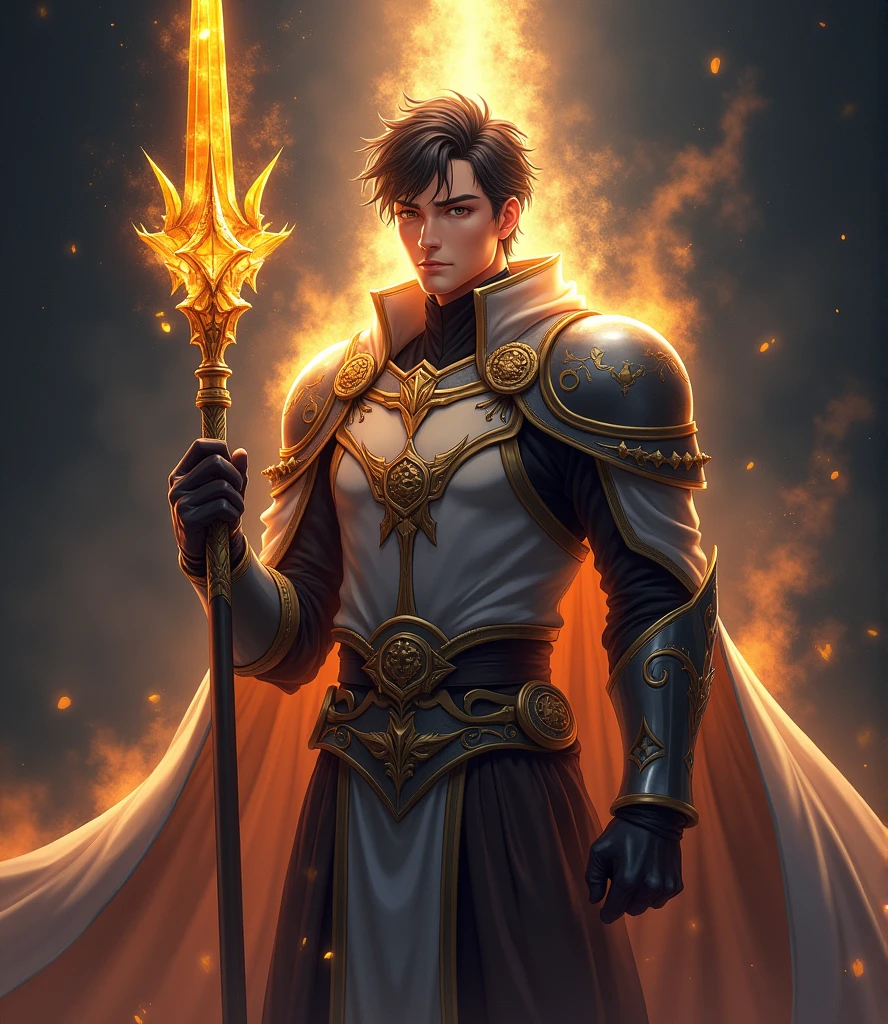((masterpiece)), ((High Definition)). A man in the center in anime style. He is handsome, attractive and distant. He wears armor, that covers few parts of his body, highlighting his powerful presence, that inspires respect. He emanates a fiery aura of divinity and silver magic. He holds a golden crystal spear in one of his hands, with magical runes. The lighting is soft, highlighting his facial features and his imposing presence. with a dark background. Dynamic pose.