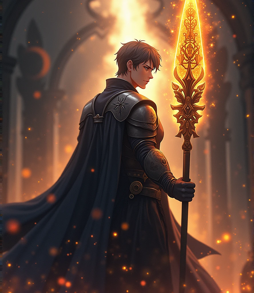 ((masterpiece)), ((High Definition)). A man in the center in anime style. He is handsome, attractive and distant. He wears armor, that covers few parts of his body, highlighting his powerful presence, that inspires respect. He emanates a fiery aura of divinity and silver magic. He holds a golden crystal spear in one of his hands, with magical runes. The lighting is soft, highlighting his facial features and his imposing presence. with a dark background. Dynamic pose.