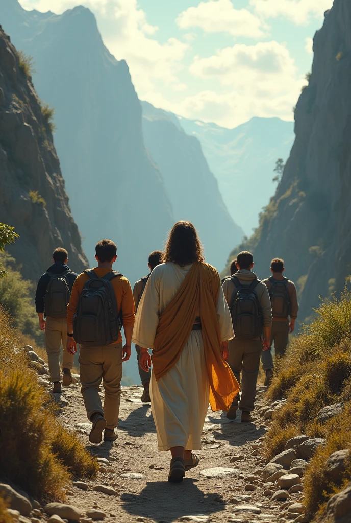 traditional bible JESUS leading Modern Male black Friends on hiking in adventurous Challenging road journey ALL facing back in trip