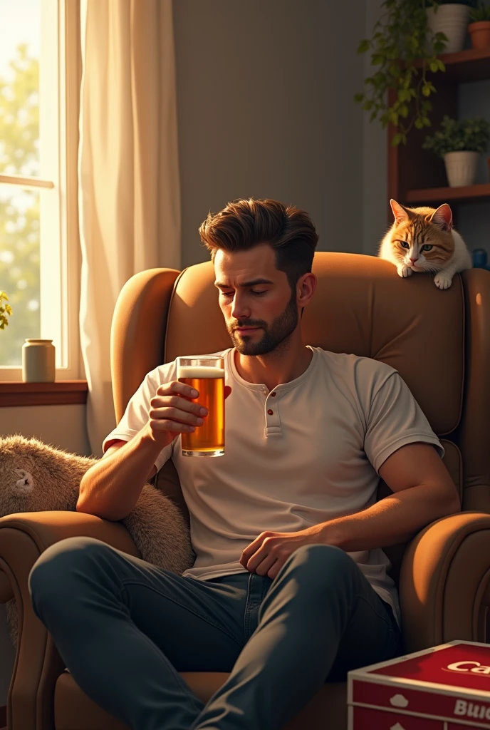 Man without a beard, sitting in an armchair with a beer in his hand and a cat next to him and a pizza box with the word ifood written on it