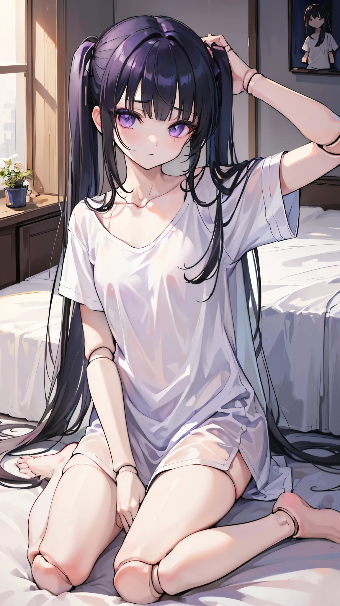 ((masterpiece、Highest quality、Very detailed))、One person、Black Hair、Long Hair、twintails、blunt bangs、Purple eyes、expression、Small breasts、((White T-shirt))、Short sleeve、Shoulder、((doll joints))、Cowboy Shot、Sit on the bed.、((wariza))、Sit flat、Shoot from behind、Bedroom Background