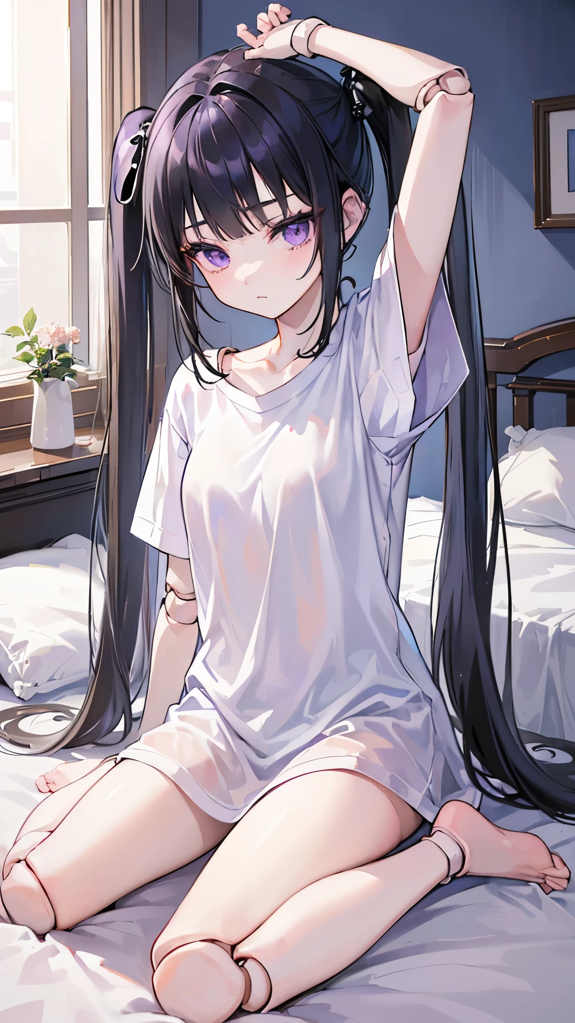 ((masterpiece、Highest quality、Very detailed))、One person、Black Hair、Long Hair、twintails、blunt bangs、Purple eyes、expression、Small breasts、((White T-shirt))、Short sleeve、Shoulder、((doll joints))、Cowboy Shot、Sit on the bed.、((wariza))、Sit flat、Pretend、Shoot from behind、Bedroom Background