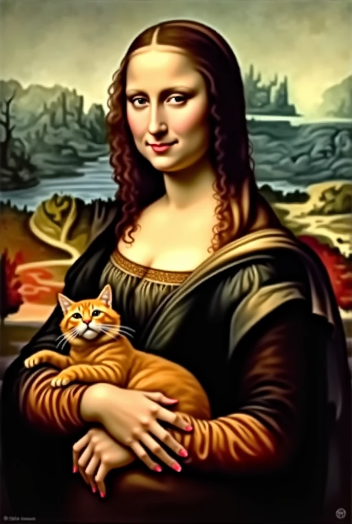 A Monalisa, with muscular arms,
holding an orange cat