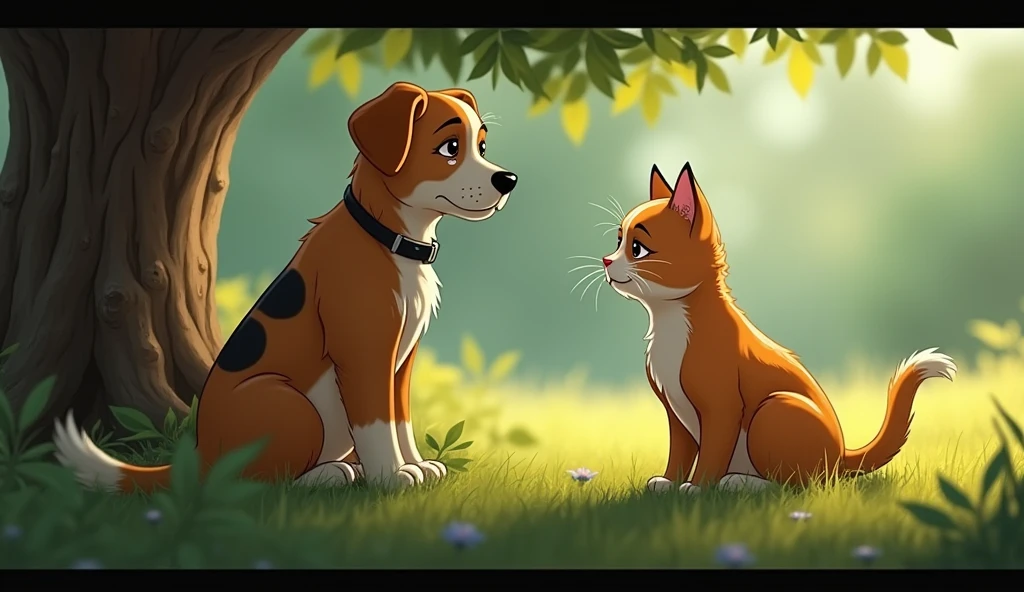  sad-looking cat sitting under a tree, tears in its eyes. The dog stands nearby, noticing the cat for the first time. The scene is emotional, with a close-up of the cat's teary face and the concerned dog.