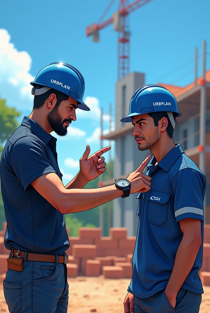 In a construction site in Brazil, During the summer, an engineer is visibly nervous and points to the watch on his wrist, demonstrating irritation with the delay of a bricklayer. The engineer wears a dark blue shirt and a blue helmet with the word "URBPLAN" escrita blank. The bricklayer, who has just arrived, also wears a blue helmet with "URBPLAN" blank, and seems apprehensive about the situation. Ao fundo, the construction of a house is underway, with blue details on the scaffolding and equipment. The clear blue sky and the surrounding environment reinforce the hot and sunny climate typical of summer. The blue color predominates in the image, present in the clothing, capacetes, elements of the work and in the sky, creating an atmosphere of tension and professionalism