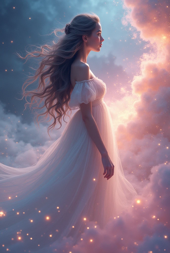 "Beautiful ethereal young woman with flowing hair, standing in the middle of a swirling cosmic nebula, magical sparks and stardust around her, dreamy and enchanting atmosphere, high détail, Photorealistic quality"

fantasy portrait space magic
"Young and delicate female figure emerging from a foggy galaxy, soft pastel colors, beleza celestial, swirls of cosmic energy swirling around her, ethereal glow, ultra-high resolution, cinematic lighting"