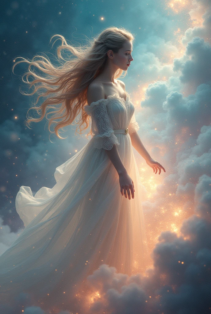 "Beautiful ethereal young woman with flowing hair, standing in the middle of a swirling cosmic nebula, magical sparks and stardust around her, dreamy and enchanting atmosphere, high détail, Photorealistic quality"
fantasy portrait space magic
"Young and delicate female figure emerging from a foggy galaxy, soft pastel colors, beleza celestial, swirls of cosmic energy swirling around her, ethereal glow, ultra-high resolution, cinematic lighting"