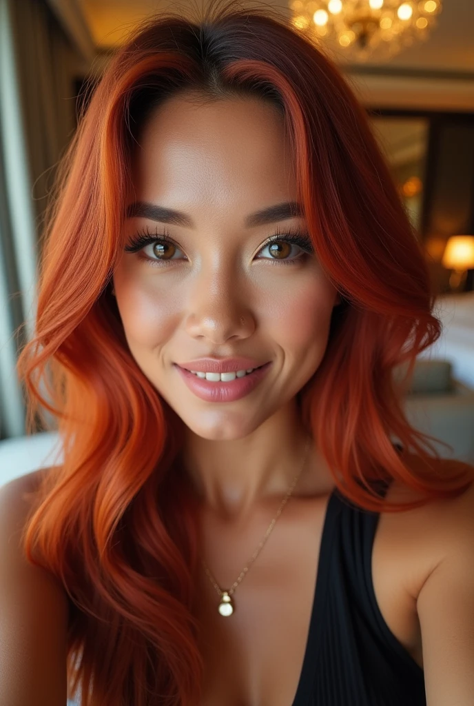 Selfie photo with textured flash of a ohwx woman __haircolor__ __hair__ hair top down close-up, The photo should be in a luxury hotel