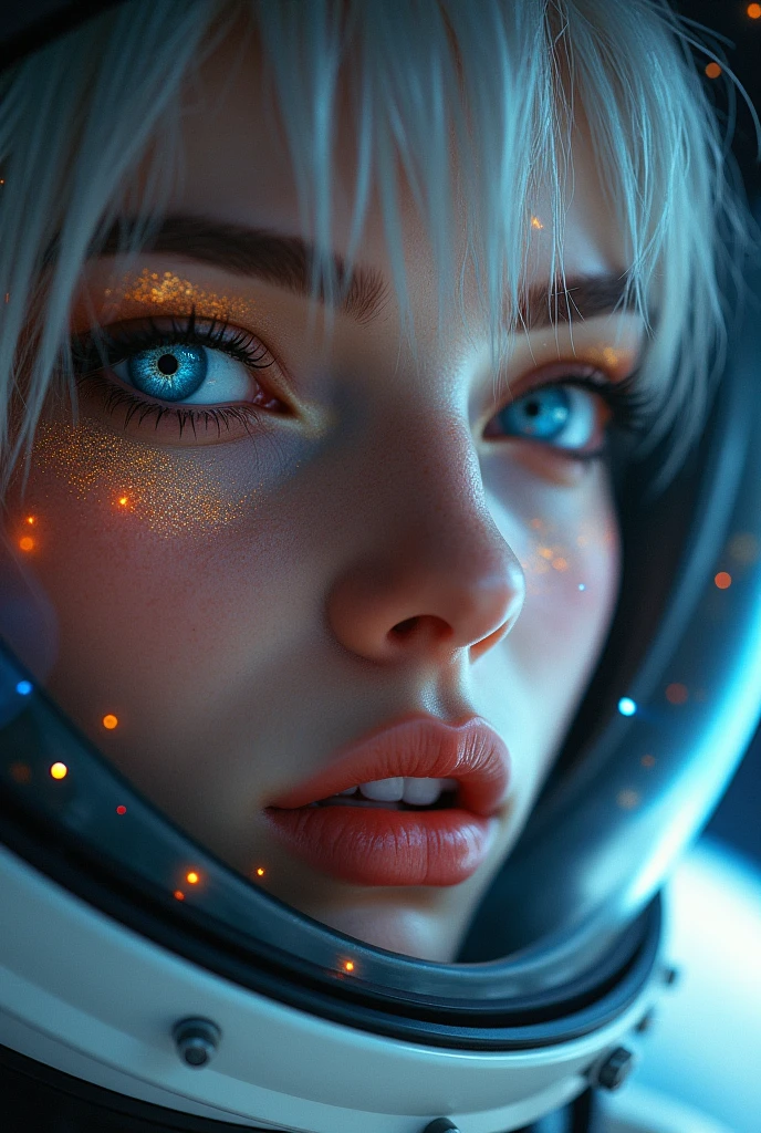(Close-up of a better masterpiece:1.5)0.9], (Space and astronauts:1.2) (Messy silver hair:1.1) (Heterochromia xanthochromia and blue eyes:1.2) (Space Helmet:1.0) (Colored stars in the eyes:1.0) (A radiant glow:1.1) (thick lips:0.9)