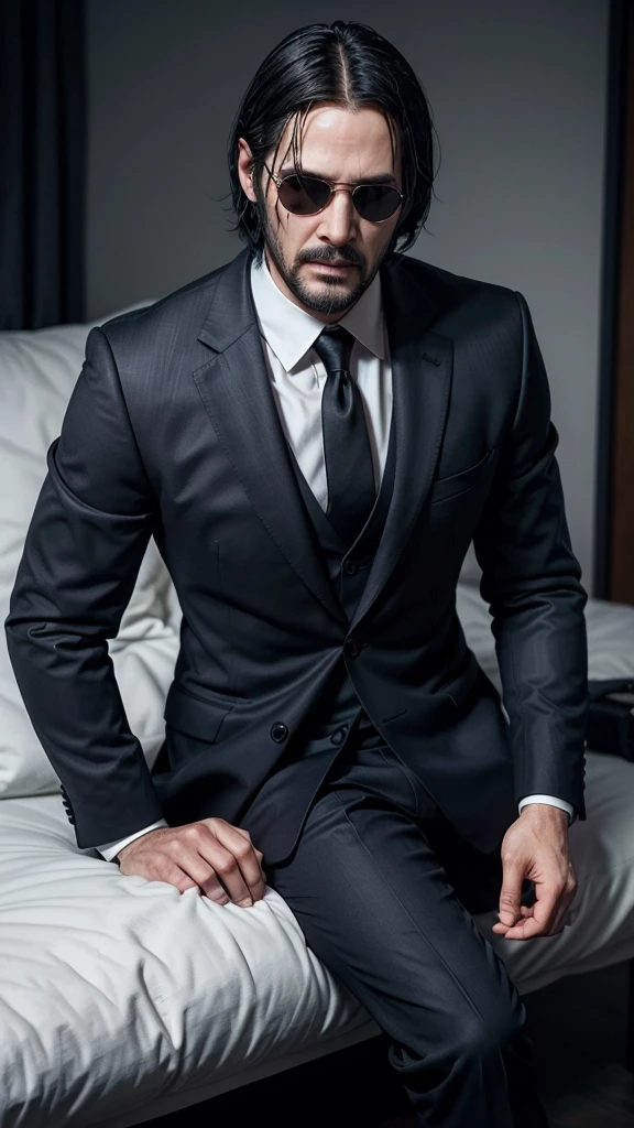 "Transform the image of a young man with dark skin, short hair and glasses in a version that looks like John Wick. He must be wearing an elegant navy blue slim fit suit, with a white shirt underneath and a black tie. Add black dress shoes to complement the look. Style your hair to look more social , similar to John Wick style. Add a short, well-groomed beard. Remove the glasses to create a look closer to John Wick. Posture should be confident and upright, with a serious and focused facial expression." ({The man must be dark-skinned black and have a slim navy blue suit.})