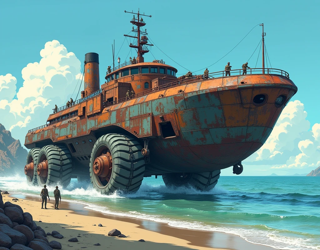 Futuristic merchant ship, transporting goods. Old and rusty metal. With wheels to travel also on land. Several sailors working, super detailed and well illuminated. Design seen from profile and front and three quarters. Coming out on the coast. It's a cargo transport. vector graphic style, anime.