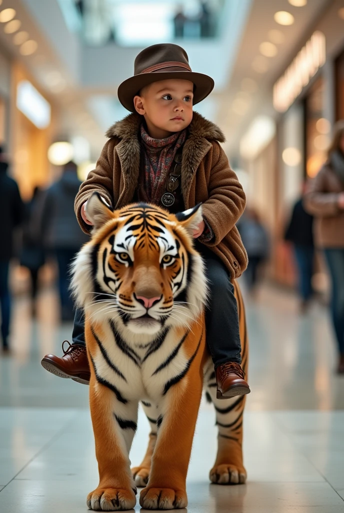 CREATE AN IMAGE OF A 2-YEAR-OLD BABY, DRESSED IN A STEAMPUNK STYLE, RIDING ON TOP OF A SIBERIAN TIGER, INSIDE A SHOPPING MALL.