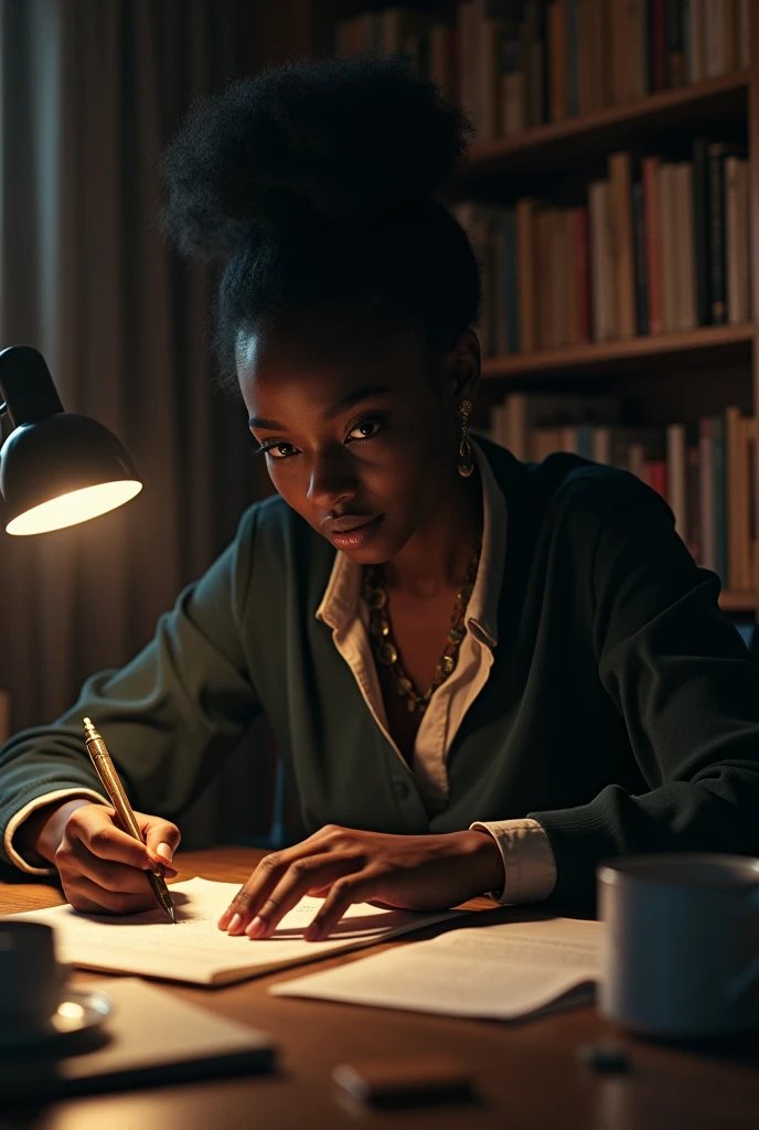 Dark-skinned writer writing a story 
