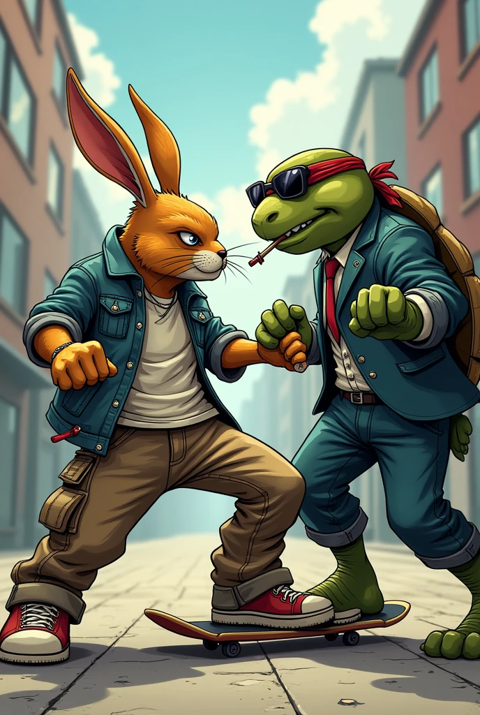 Fight scene between a human Rabbit, wearing baggy skater clothes in gangster style, skateboarding, bad face and a scar on his eye against a turtle in a suit, sunglasses, and a cigarette in his mouth, artwork style: cartoon