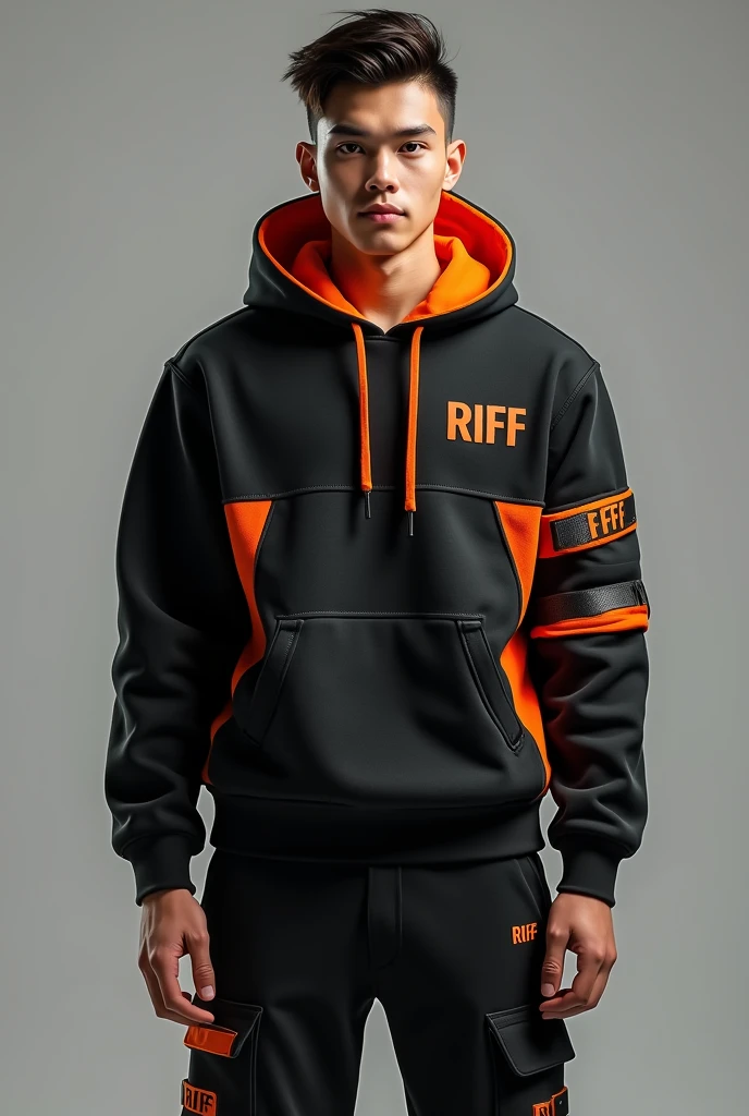 Create a photo of a man. He's wearing a black fleece uniform with orange details. On the top is a hooded sweatshirt. The uniform says RIFF. Create a modern uniform, Youngh, creative and attractive.