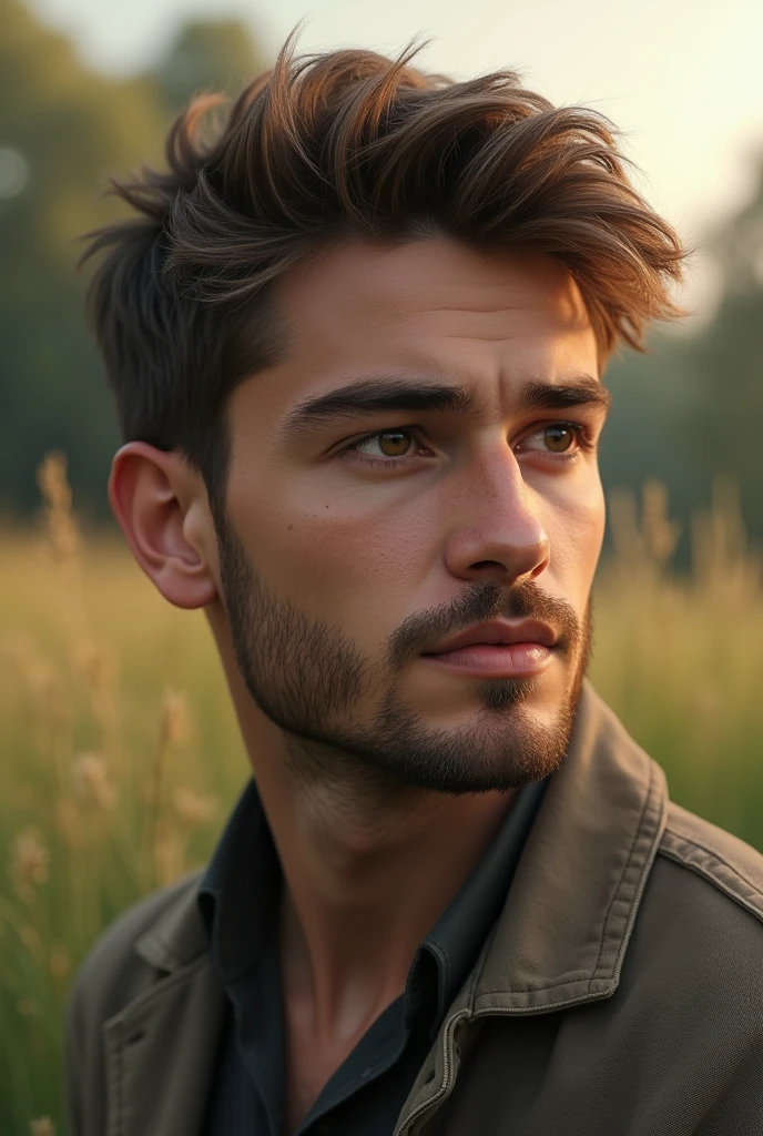 A boy with white skin tone... Little bit beard on his chin... Age 20...