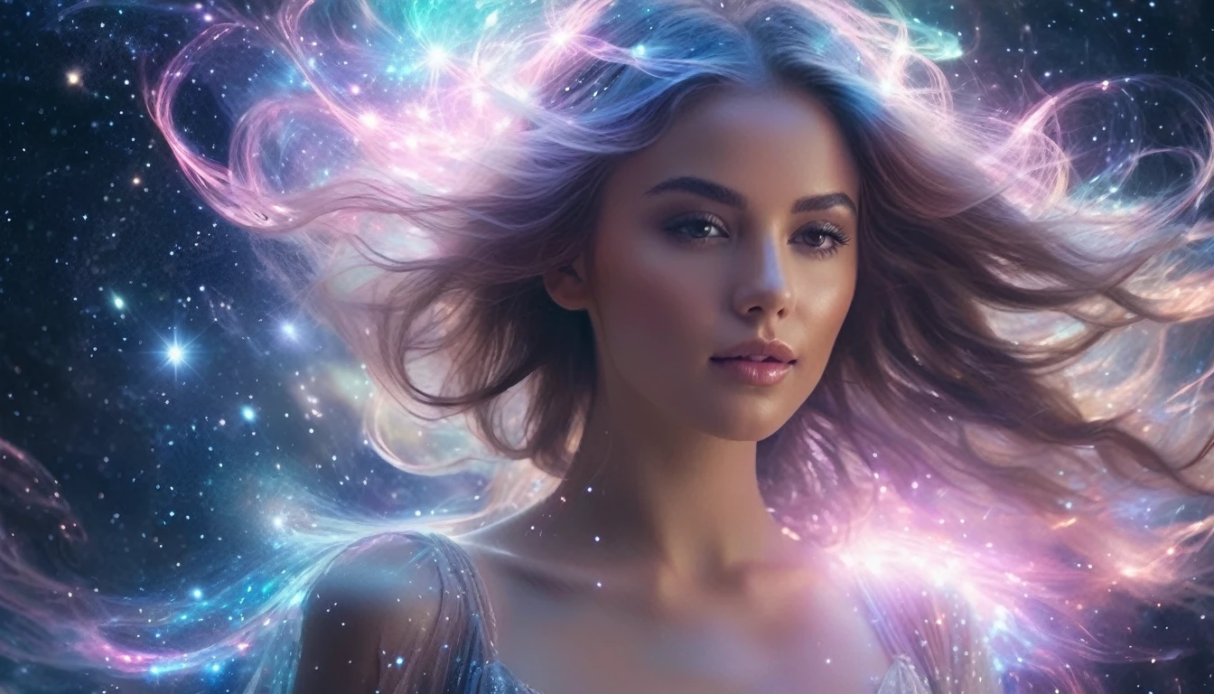 "Beautiful ethereal young woman with flowing hair, standing in the middle of a swirling cosmic nebula, magical sparks and stardust around her, dreamy and enchanting atmosphere, high détail, Photorealistic quality"

fantasy portrait space magic
"Young and delicate female figure emerging from a foggy galaxy, soft pastel colors, beleza celestial, swirls of cosmic energy swirling around her, ethereal glow, ultra-high resolution, cinematic lighting"