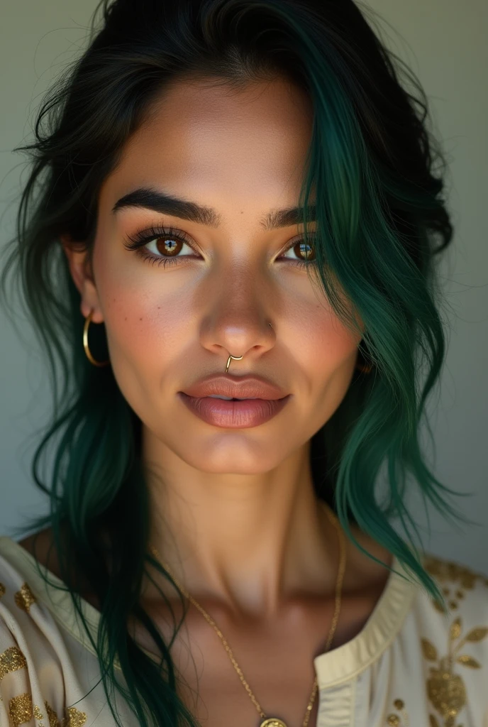 (photorealism:1.2), A selfie of a masculine features woman, early 30s, dusky dark complexion, freckles, nose piercing, kurta shalwar, thin gold neck chain simple, dark green single hair streak, realistic, photo effect, chunky, scar under eye