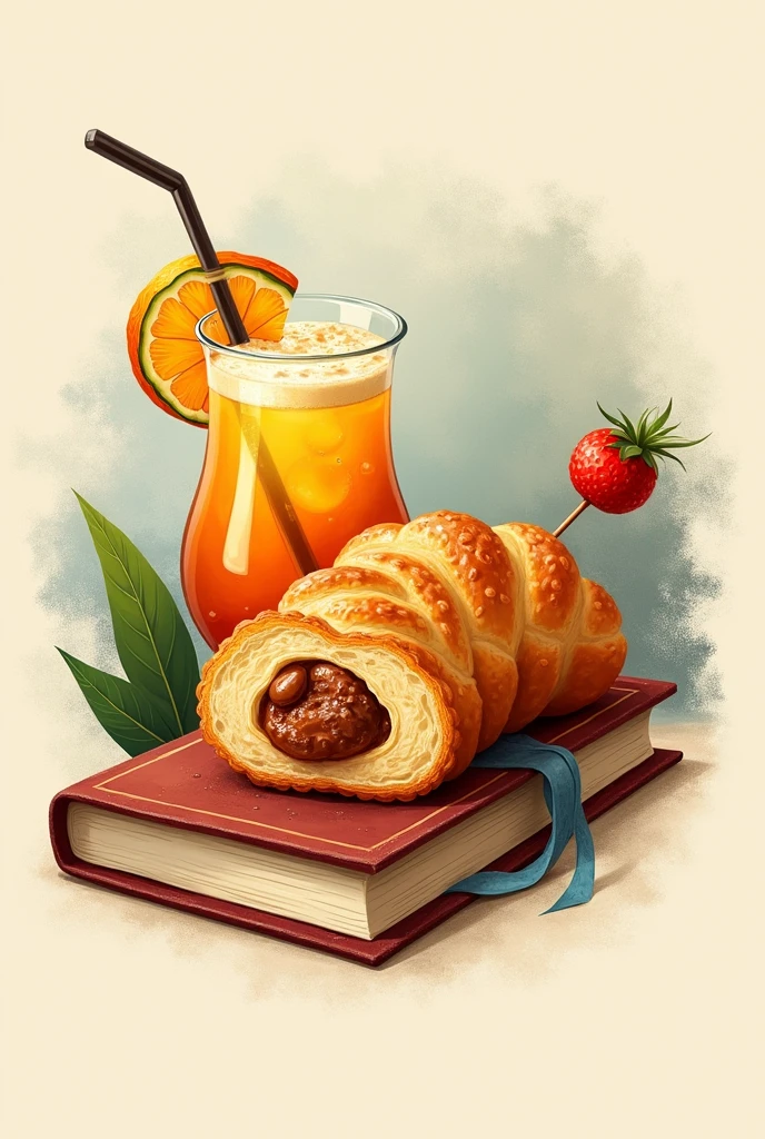 Please create a logo, with a coxinha, a drink and most importantly a bookmark