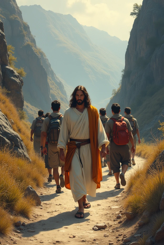 traditional bible JESUS leading in the front Modern Male black Friends on hiking in adventurous Challenging road journey ALL facing back in trip