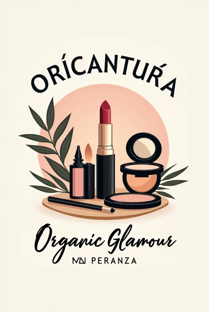 Natural makeup logo with the name "Organic Glamour" highlighted in Spanish with makeup products in the background that is eye-catching
