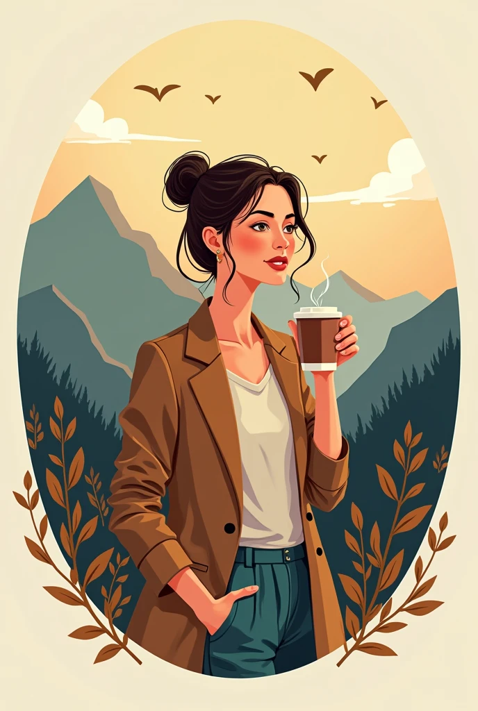 Illustration style logo featuring a woman drinking coffee in the mountains