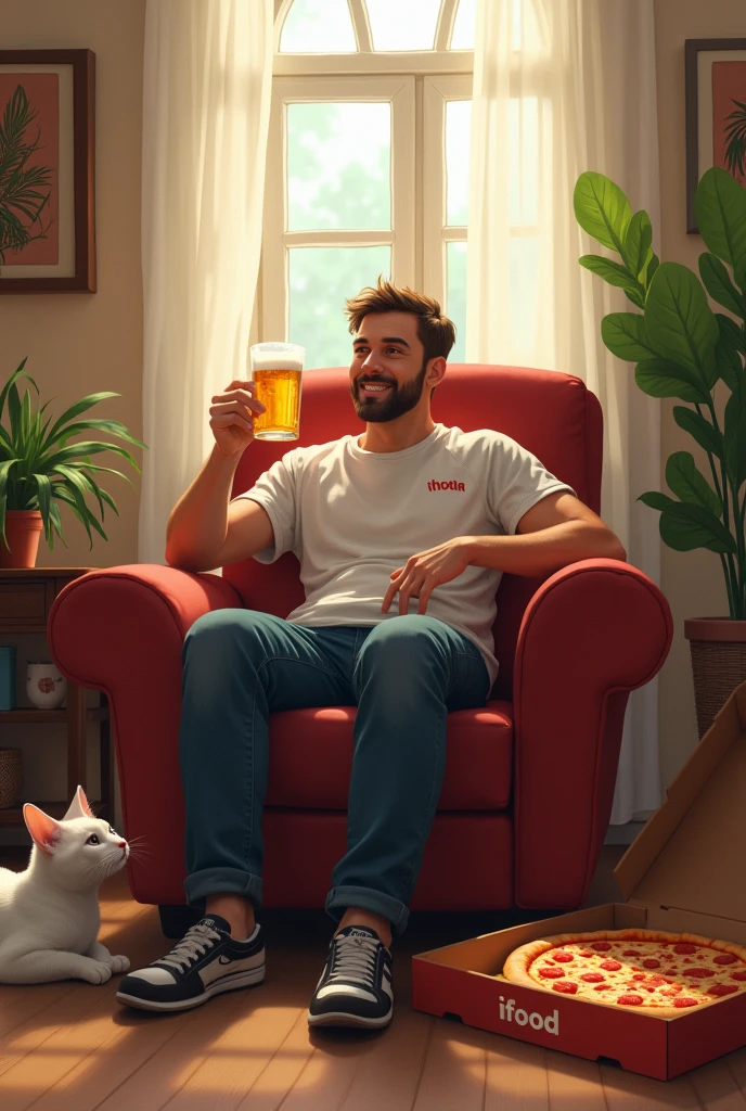Man without a beard, sitting in an armchair with a beer in his hand and a cat next to him and a pizza box with the word ifood written on it