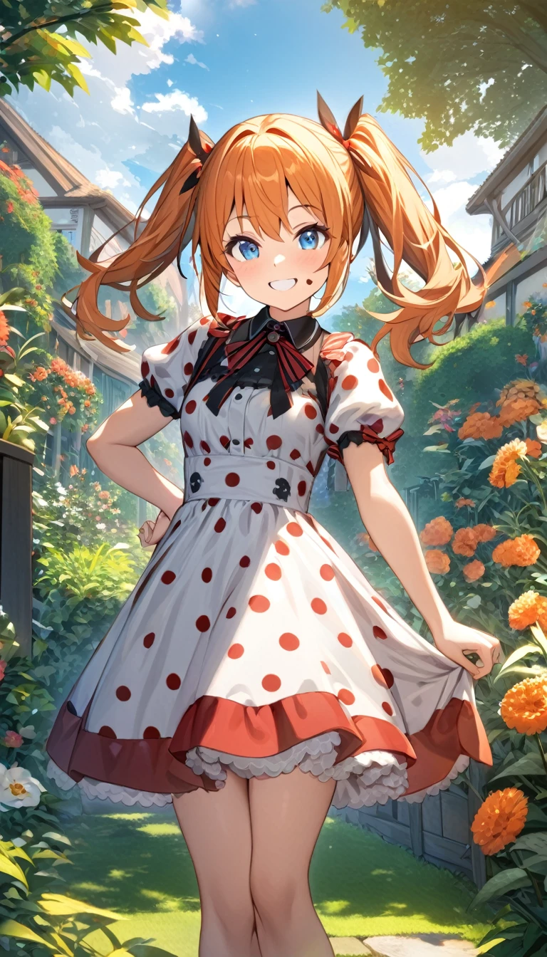 a girl with a red and black polka dot Dress, 1girl, solo, orange hair, Blue eyes, smiling, puffy short slevees, smiling, frekles on face, garden, outdoors, HDR, High quality, Twintails, Best Quality,