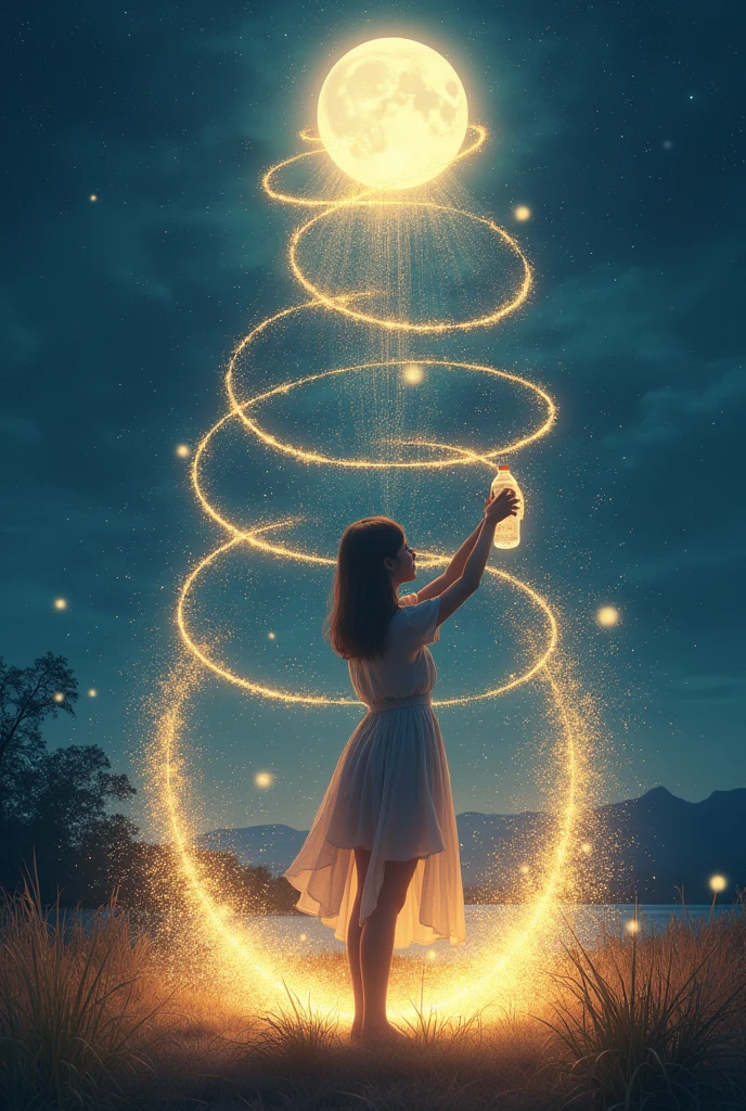 "Imagine a magical scene where droplets of water dance in the air under the moonlight. In this stunning animation, we feature a young woman holding a water bottle with holes in it, pointed toward the sky at night. As she squeezes the bottle, water flows out through the holes in a pattern resembling rays or an umbrella, creating glowing lines in the darkness.
The backlight effect highlights the beauty of the water mist, which sparkles as bright golden circles filling the space. Each movement in the scene captures a unique magic, with an effect reminiscent of a blooming flower or an explosion of light and water."