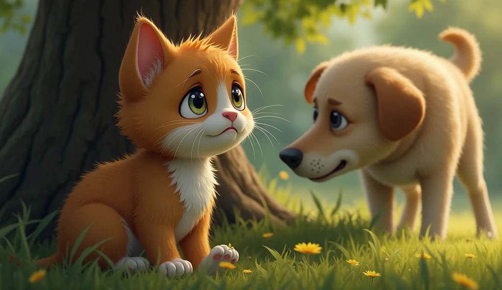  sad-looking cat sitting under a tree, tears in its eyes. The dog stands nearby, noticing the cat for the first time. The scene is emotional, with a close-up of the cat's teary face and the concerned dog.