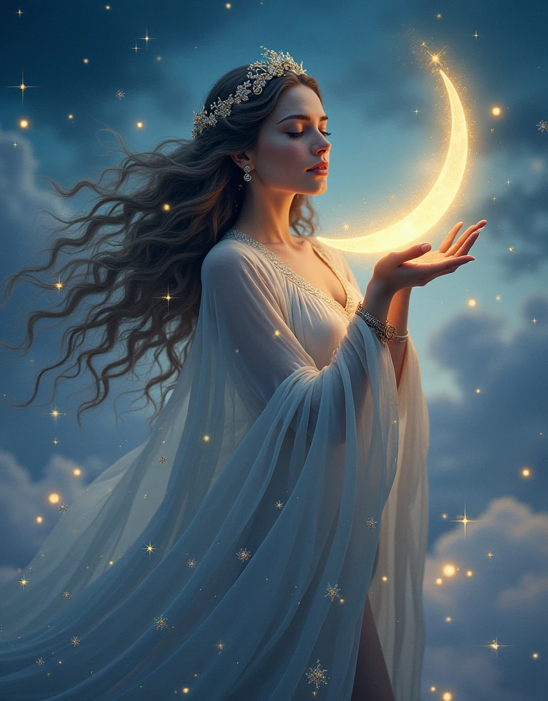 (Goddess of Sleep:1.4), (masterpiece:1.4, best quality), (photo realistic:1.4), ethereal and serene appearance, embodying the peacefulness and mystery of sleep, dressed in flowing, soft, and shimmering robes that resemble a starry night sky, adorned with subtle lunar and star motifs, (hair like gentle waves of dark mist, sparkling with tiny stars:1.2), (eyes closed or half-lidded, radiating calm and tranquility:1.2), cradling a glowing crescent moon or holding a staff that emits a soft, soothing light, surrounded by drifting clouds, falling stardust, and floating dreamlike shapes, (background of a peaceful, twilight landscape with a crescent moon, twinkling stars, and soft, rolling clouds:1.2), (soft, dim lighting that creates an aura of comfort and restfulness:1.2), (graceful, relaxed pose that conveys her dominion over the realm of sleep:1.2), rich textures, muted and soothing colors, (deep blues:1.2), (soft purples:1.2), (silver and gold accents:1.2), (dynamic composition with flowing lines and a sense of quiet and stillness:1.2), high-quality and detailed, (awe-inspiring and comforting atmosphere:1.2), calming and enchanting, perfect image quality, symbolizing sleep, dreams, and peaceful rest, captivating and serene presence