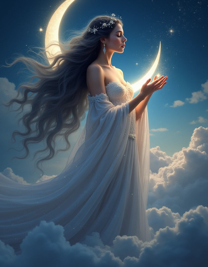 (Goddess of Sleep:1.4), (masterpiece:1.4, best quality), (photo realistic:1.4), ethereal and serene appearance, embodying the peacefulness and mystery of sleep, dressed in flowing, soft, and shimmering robes that resemble a starry night sky, adorned with subtle lunar and star motifs, (hair like gentle waves of dark mist, sparkling with tiny stars:1.2), (eyes closed or half-lidded, radiating calm and tranquility:1.2), cradling a glowing crescent moon or holding a staff that emits a soft, soothing light, surrounded by drifting clouds, falling stardust, and floating dreamlike shapes, (background of a peaceful, twilight landscape with a crescent moon, twinkling stars, and soft, rolling clouds:1.2), (soft, dim lighting that creates an aura of comfort and restfulness:1.2), (graceful, relaxed pose that conveys her dominion over the realm of sleep:1.2), rich textures, muted and soothing colors, (deep blues:1.2), (soft purples:1.2), (silver and gold accents:1.2), (dynamic composition with flowing lines and a sense of quiet and stillness:1.2), high-quality and detailed, (awe-inspiring and comforting atmosphere:1.2), calming and enchanting, perfect image quality, symbolizing sleep, dreams, and peaceful rest, captivating and serene presence