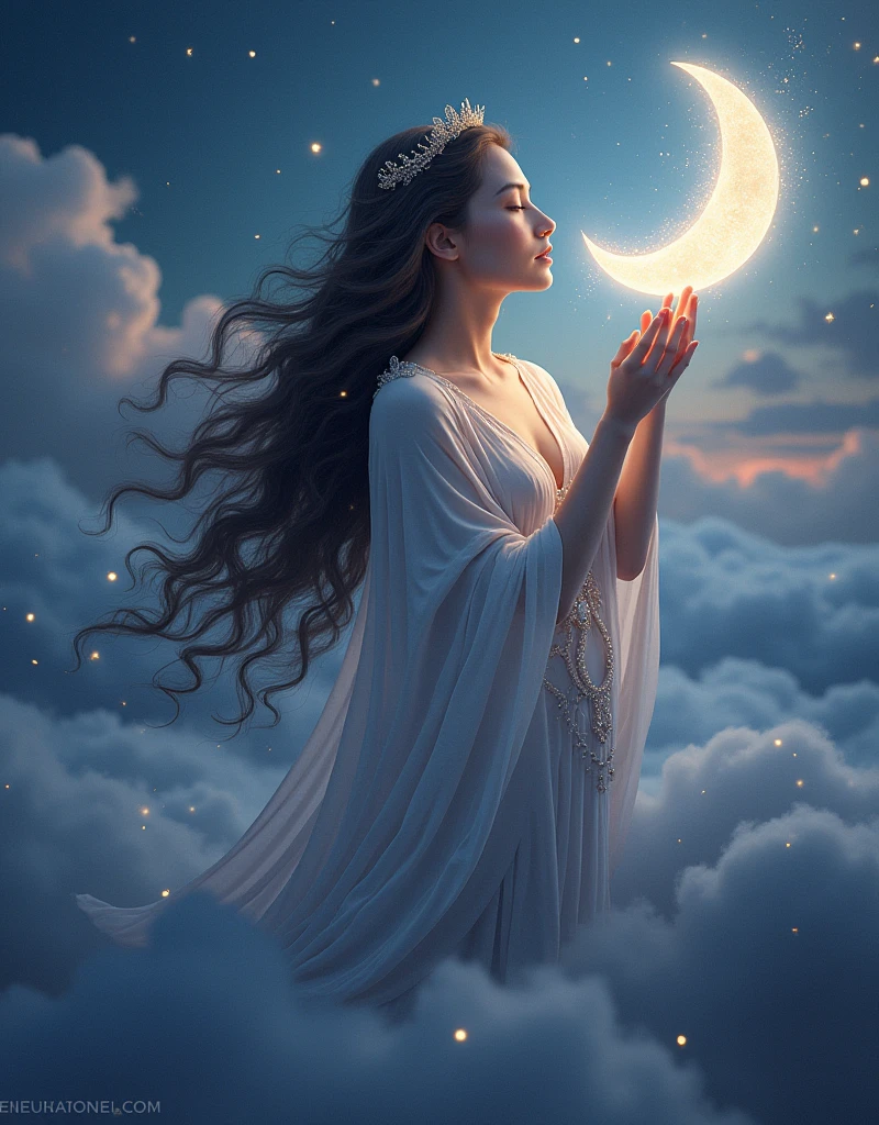 (Goddess of Sleep:1.4), (masterpiece:1.4, best quality), (photo realistic:1.4), ethereal and serene appearance, embodying the peacefulness and mystery of sleep, dressed in flowing, soft, and shimmering robes that resemble a starry night sky, adorned with subtle lunar and star motifs, (hair like gentle waves of dark mist, sparkling with tiny stars:1.2), (eyes closed or half-lidded, radiating calm and tranquility:1.2), cradling a glowing crescent moon or holding a staff that emits a soft, soothing light, surrounded by drifting clouds, falling stardust, and floating dreamlike shapes, (background of a peaceful, twilight landscape with a crescent moon, twinkling stars, and soft, rolling clouds:1.2), (soft, dim lighting that creates an aura of comfort and restfulness:1.2), (graceful, relaxed pose that conveys her dominion over the realm of sleep:1.2), rich textures, muted and soothing colors, (deep blues:1.2), (soft purples:1.2), (silver and gold accents:1.2), (dynamic composition with flowing lines and a sense of quiet and stillness:1.2), high-quality and detailed, (awe-inspiring and comforting atmosphere:1.2), calming and enchanting, perfect image quality, symbolizing sleep, dreams, and peaceful rest, captivating and serene presence