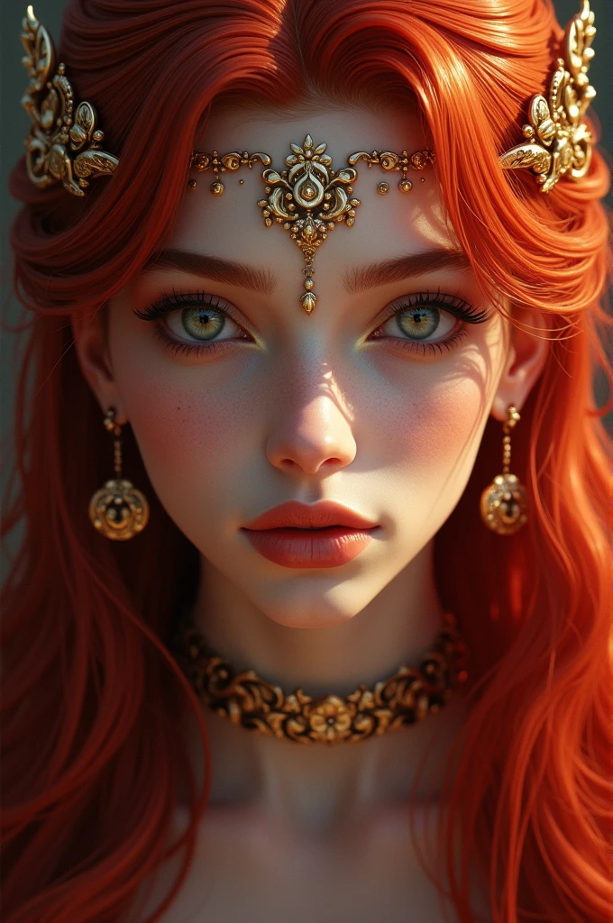 Rose prince. Face close up. Long red hair. Golden jewelry.