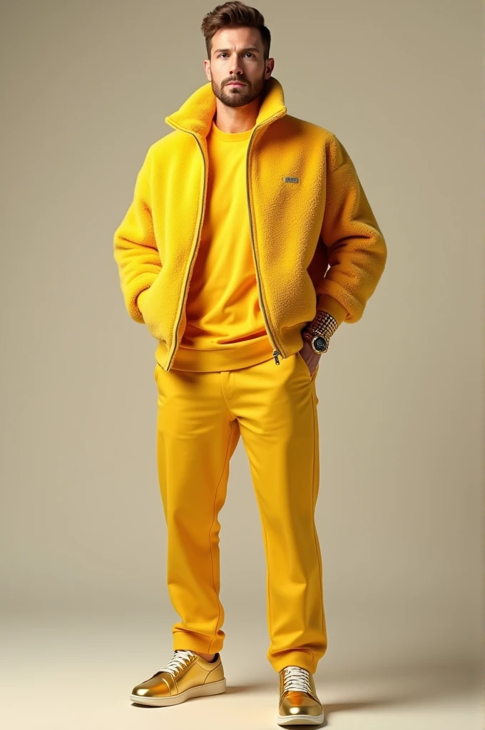 A white man, with hazel hair, eyes browns, gold bracelets on the arms, shirt Yellow, yellow fleece jacket, Over the shirt, yellow fleece pants yellow very expensive and elegant sneakers.
