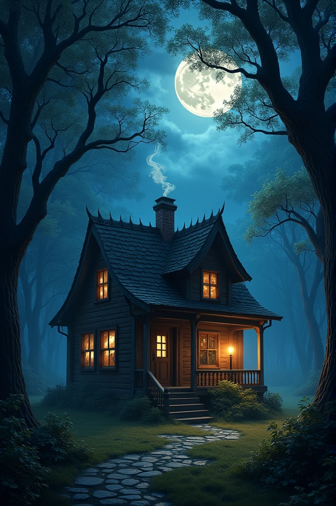 A house in the middle of the forest at night