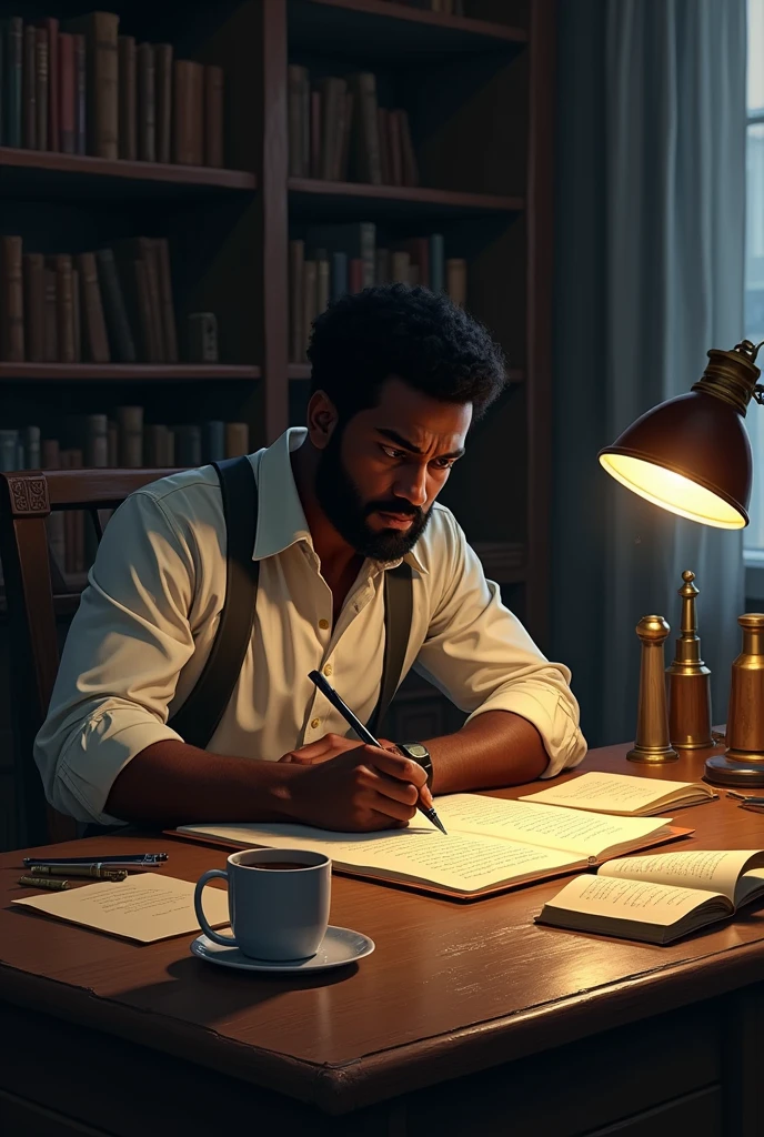 A dark-skinned male writer writing a story