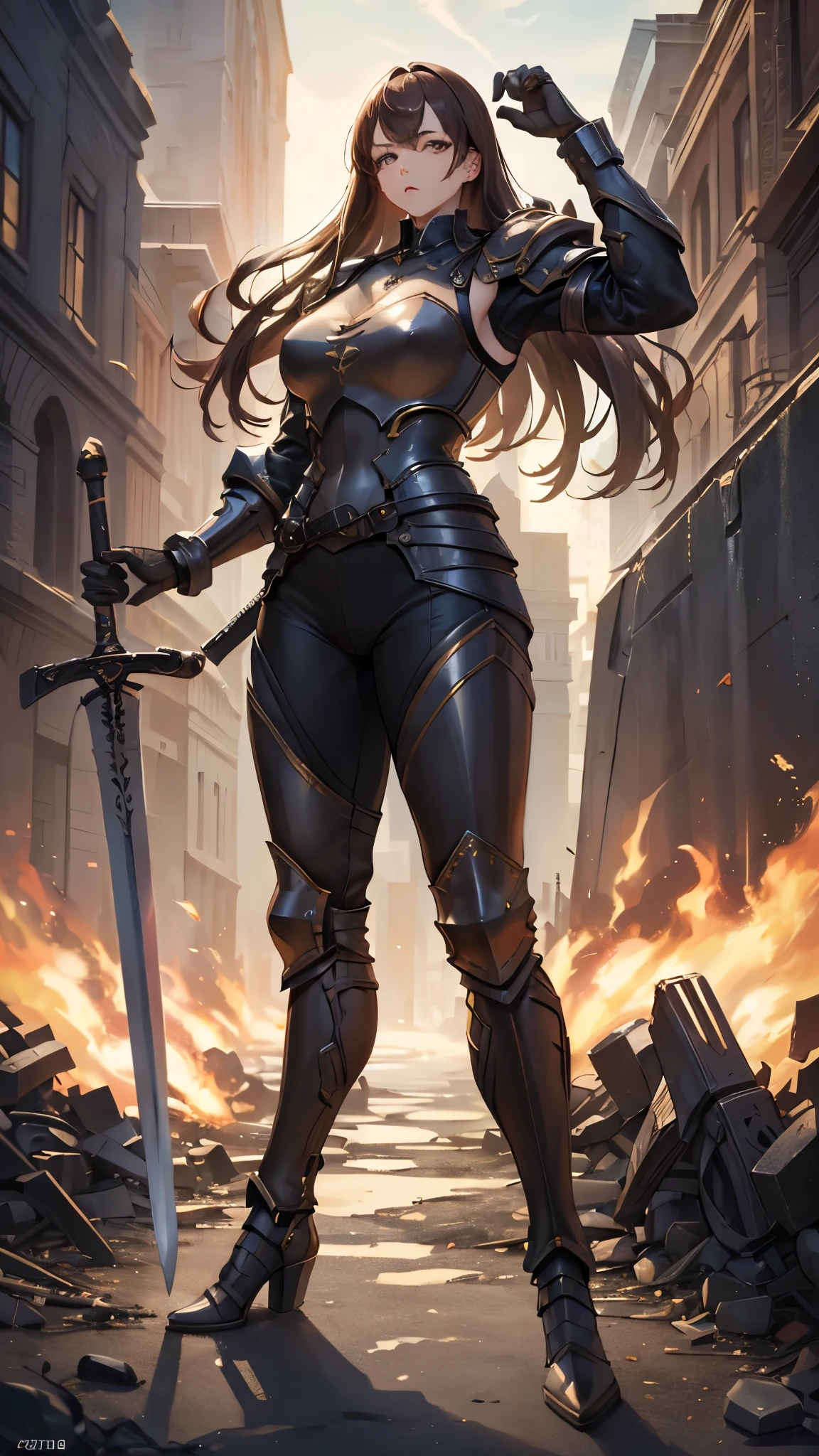 (masterpiece, 4K ,Super detailed:1.2), (anime:1), (Perfect quality), (((Adult body))), ((Holding a big sword, Combat Ready)), The whole body is shown, Looking at the viewer, Big body, Commander of the army、Black Armor, Heavy equipment, A look of contempt, brutal, Raging body, Brown Hair