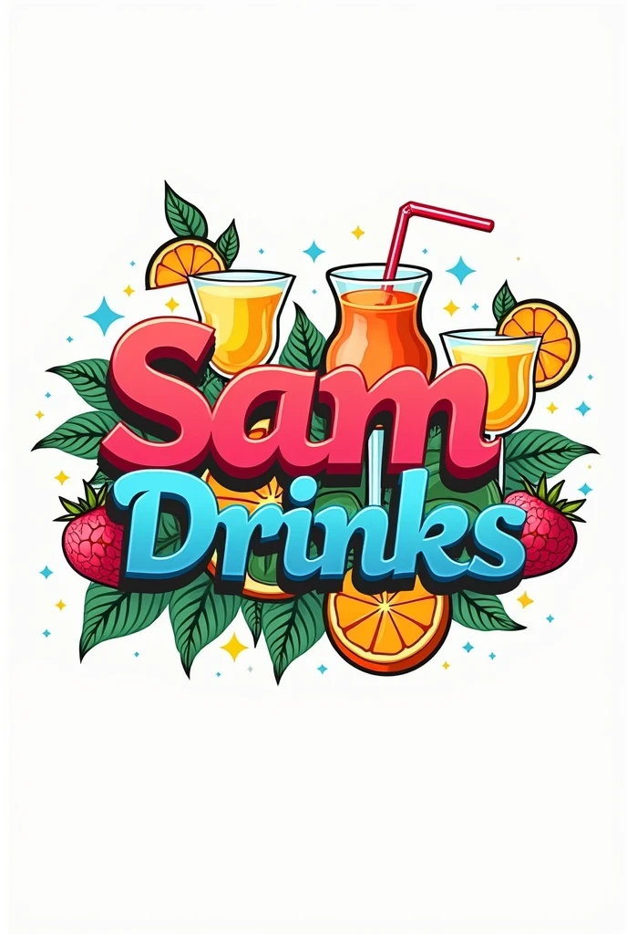 Create a vibrant and bold logo for a beverage company called 'SamDrinks'. Use thick, lively lettering in bright colors to make the name stand out. Surround or place in the background various stylized drink glasses, such as cocktail glasses, wine glasses, and tropical drink cups. The overall design should evoke a fun, energetic, and refreshing vibe, perfect for a brand specializing in DIY drink kits and tropical beverages."