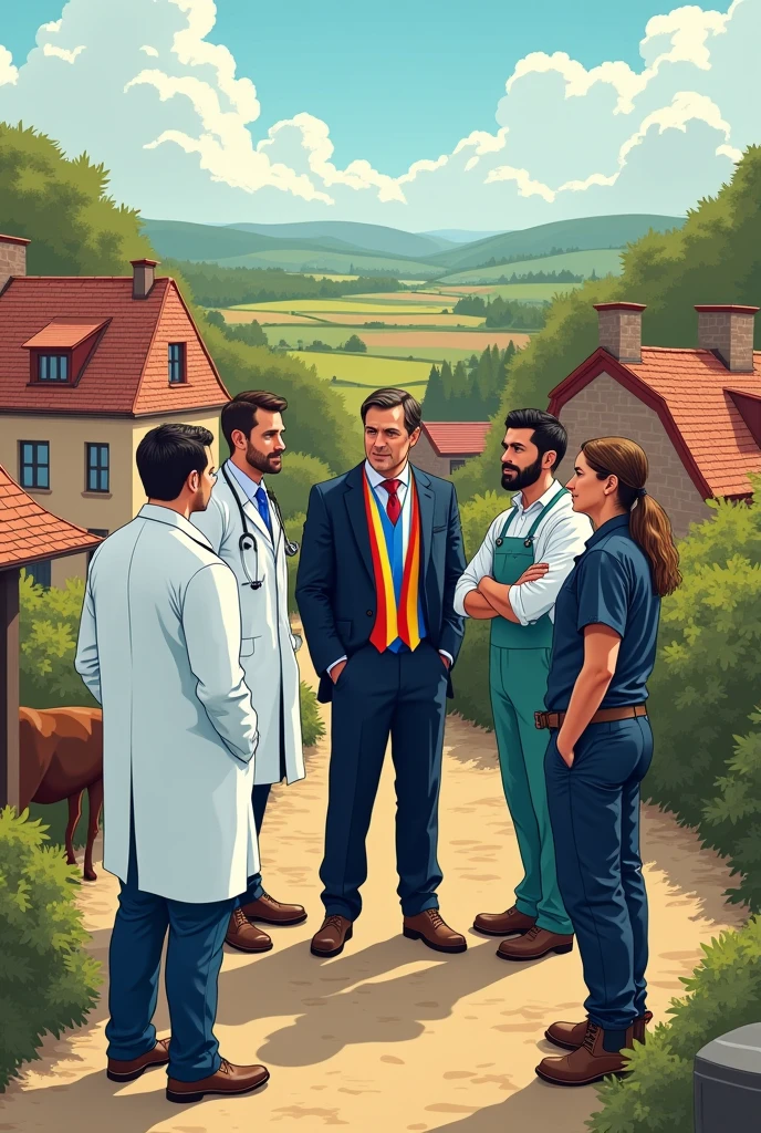 Les professionnels et la population
Au nord de la France, a mayor, 1 agriculteur, 1 guide, 1 veterinarian, 1 doctor
Animals : not specifically but why not
Environment : vue sur un village ou un bourg (vue en haut du vigneau de Licques serait parfait …)
The idea of the drawing :
Un groupe de professionnel semble en pleine discussion sur le terrain et semble discuter d’une problématique qui concerne leur Bourg
Le bourg doit comporter des maisons d’habitations, une ferme et une maison de la santé
La maire est en tailleur et porte une echarpe tricolore bleu blanc rouge
Le médecine à une bouse blanche et un stétoscope
Le vétérinaire est en bottes et un stétoscope
L’agriculteur a une combinaison et des chaussures de travailles