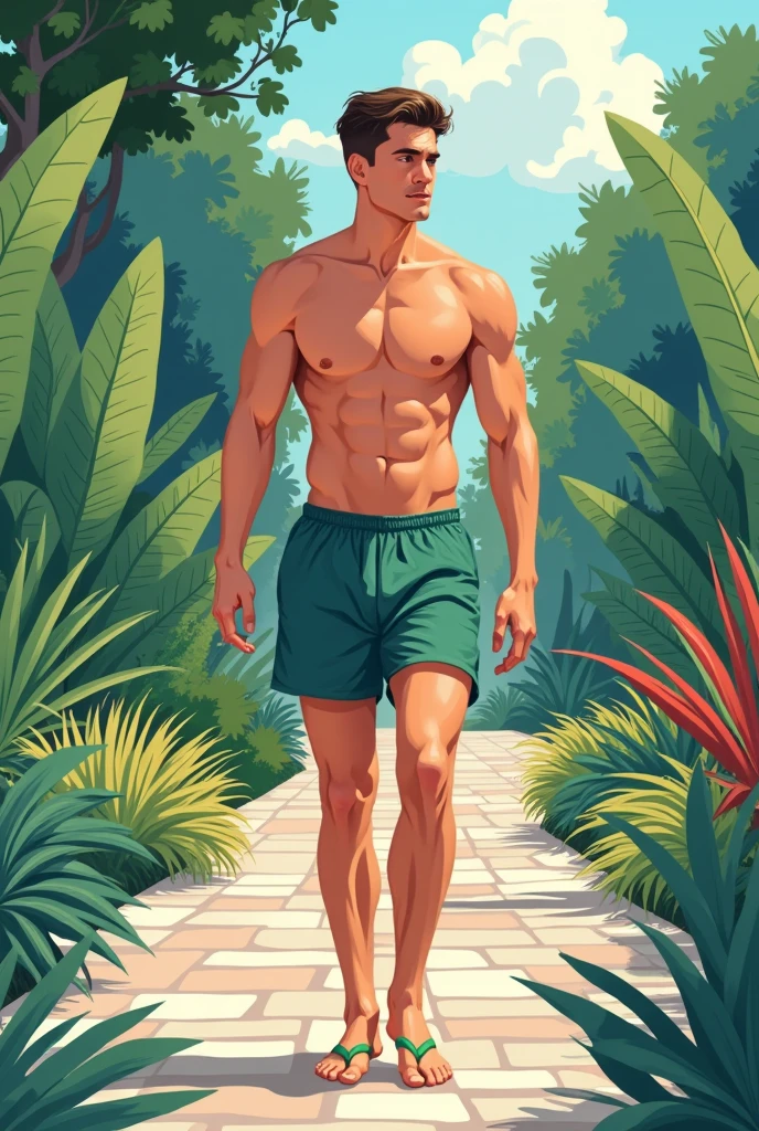 illustration that evoke peace, relax men from 25 years old, shirtless, barefoot, strong, slim body Importance of Reason Style: Scientific realism, with a focus on detail and precision. Color palette: Cool, neutral tones (navy blue, gray, white) to convey clarity and objectivity. Expression: A relaxed confident friendly  gaze, brow slightly furrowed in thought. Setting: A multicolor garden  with a young strong handsomen man walking on a multicolor stone paved ground wearing green thong
