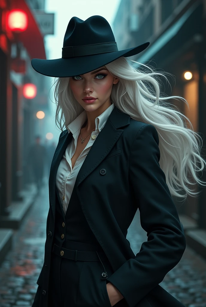 Une femme detective avec de long cheveux blanc et un regard narquois 