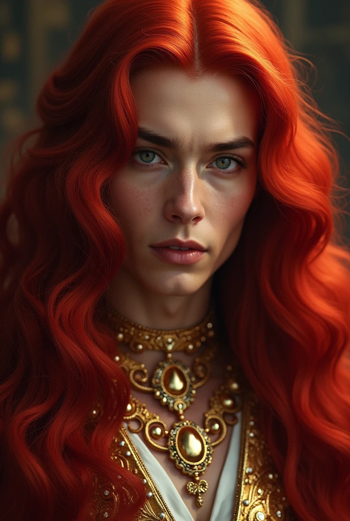 Rose prince. Face close up. Long red hair. Golden jewelry.